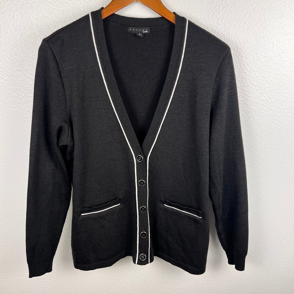 Fourmy by Cintas Black Cardigan White Trim V-Neck Button Front Sweater Small